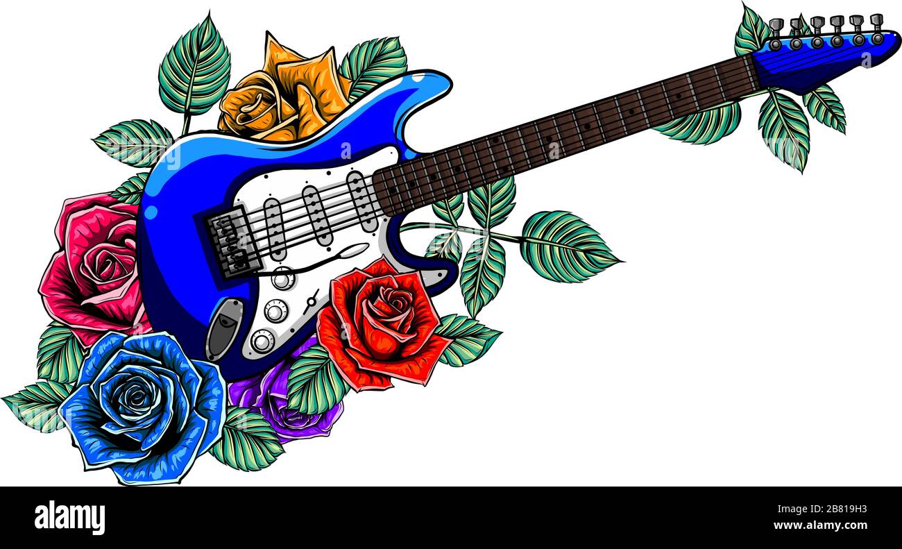 Decorative stylized hand drawn guitar and flowers Stock Vector Image