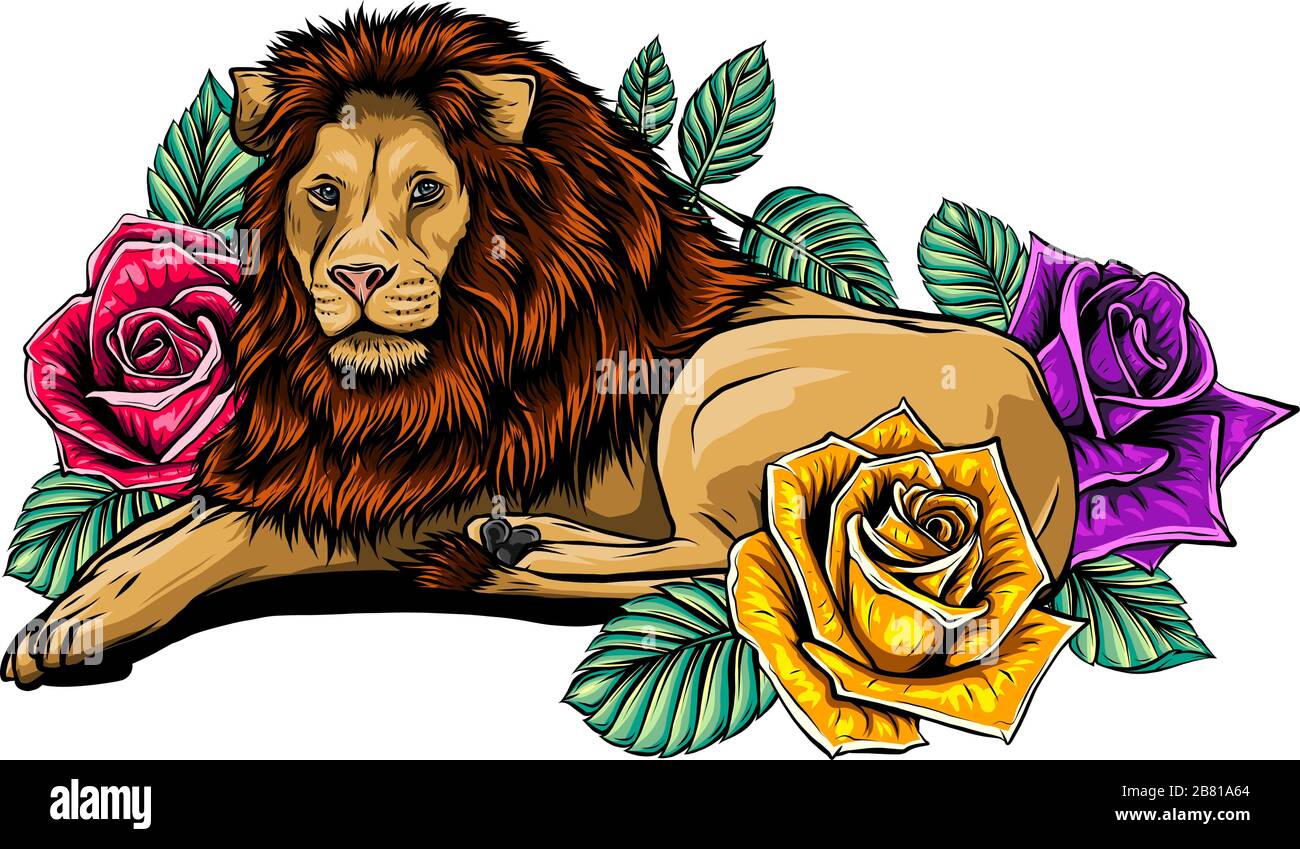 Lion with roses and leaves illustration. African lions head. Vector outline illustration. Lion print. Stock Vector