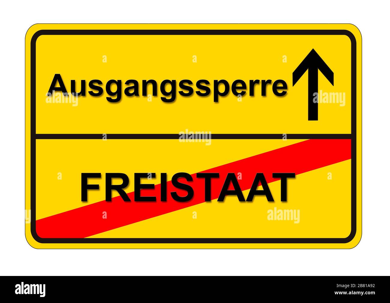 Ausgangssperre wegen Coronavirus steht auf Ortsschild Stock Photo