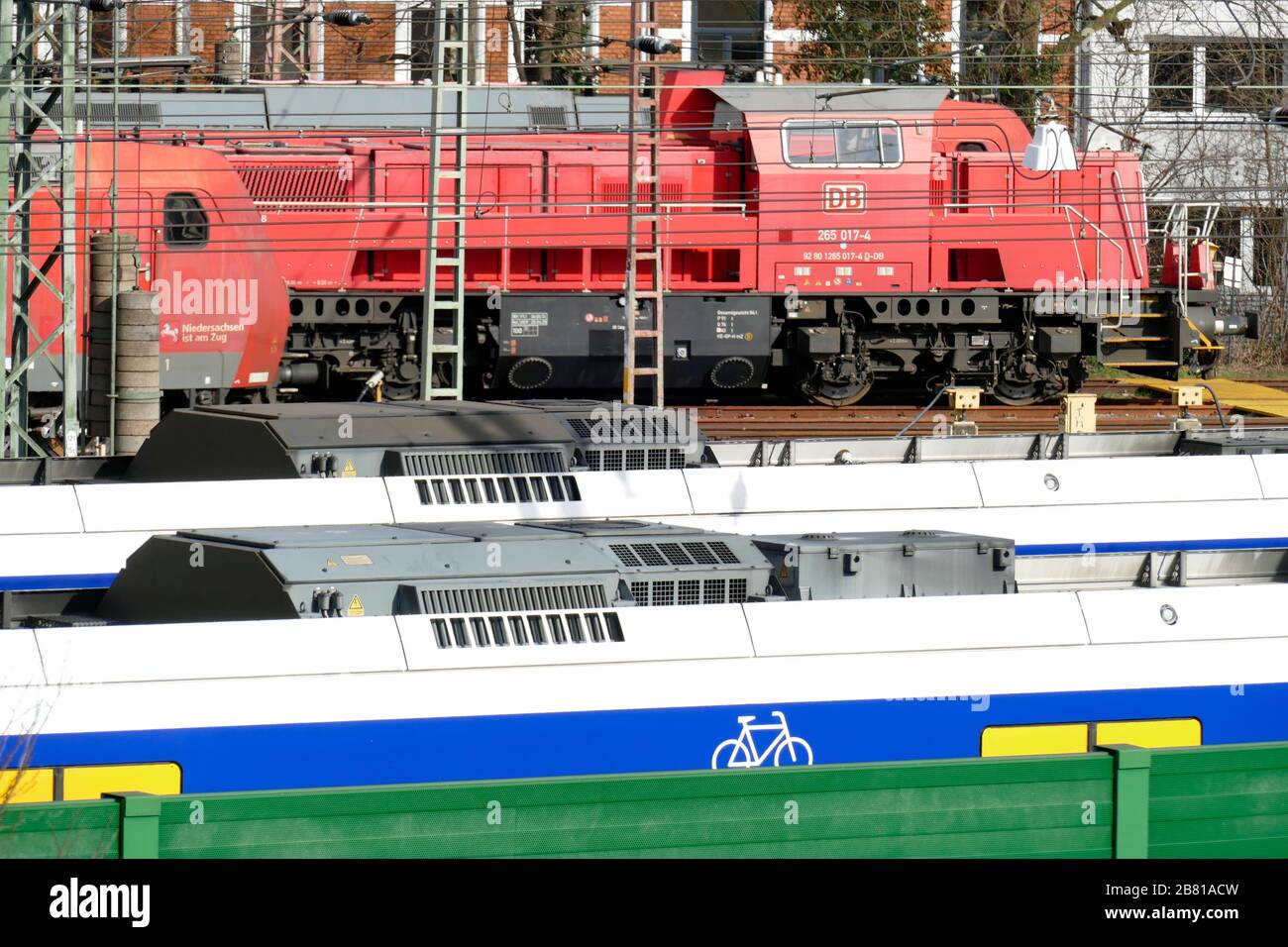 Local trains, railway systems, Green Noise Barrier, Bremen, Germany Stock Photo