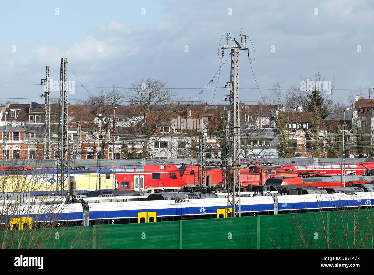Local trains, railway systems, Green Noise Barrier, Bremen, Germany Stock Photo