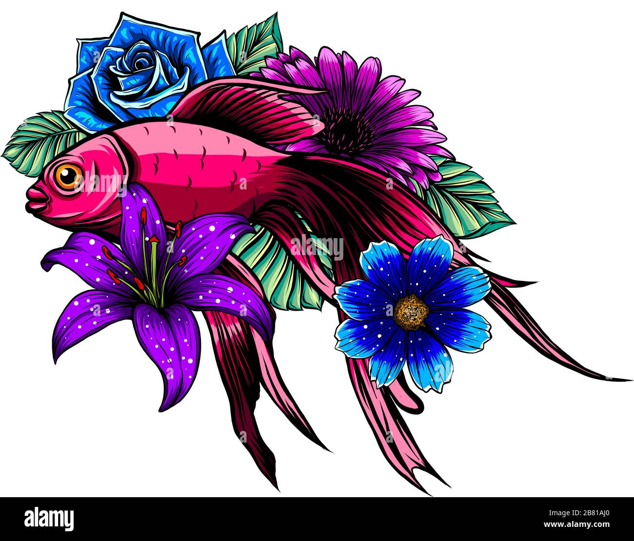 Beautiful hand drawn Koi carp fish in lotus water lily flowers. Stock Vector