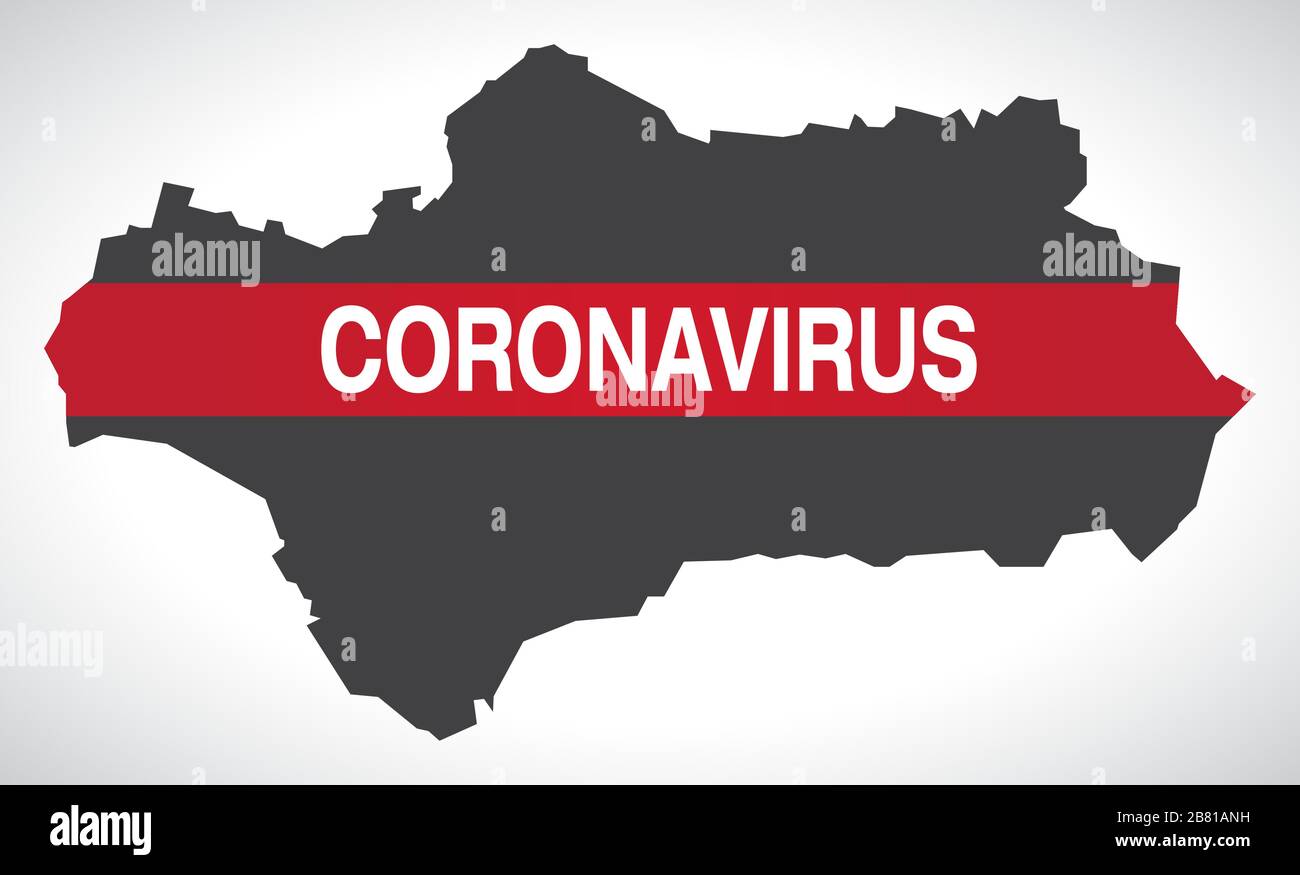 Andalusia SPAIN region map with Coronavirus warning illustration Stock Vector