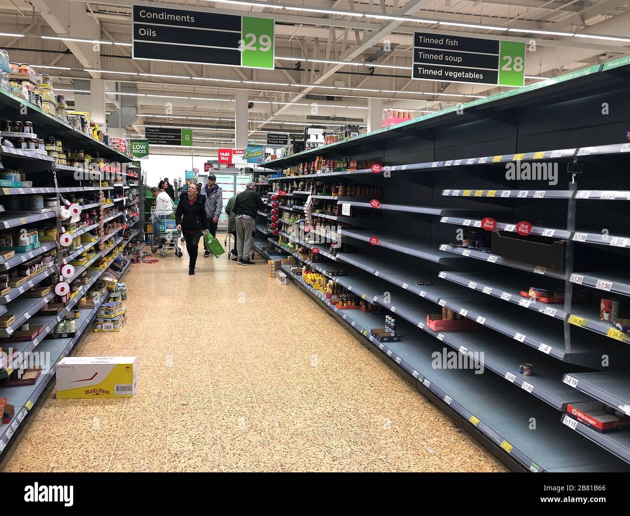 Tilbury, UK. 19th Mar, 2020. Shelves almost empty before 11am as customers panic buy as the Coronavirus crises escalates. Credit: MARTIN DALTON/Alamy Live News Stock Photo