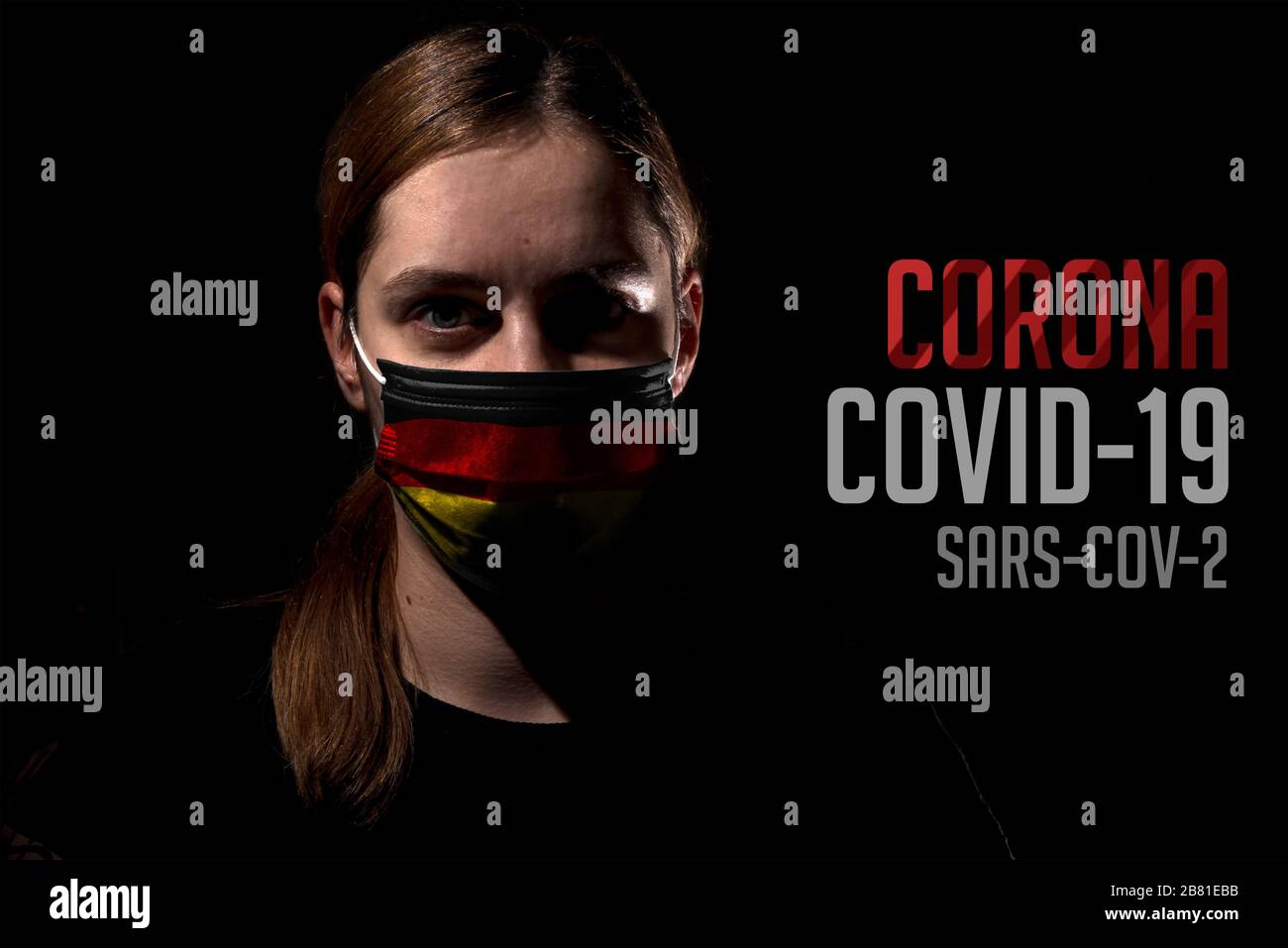 Woman wearing mask with Germany flag for protection of corona virus covid-19 SARS-CoV-2, woman with mask on black background Stock Photo
