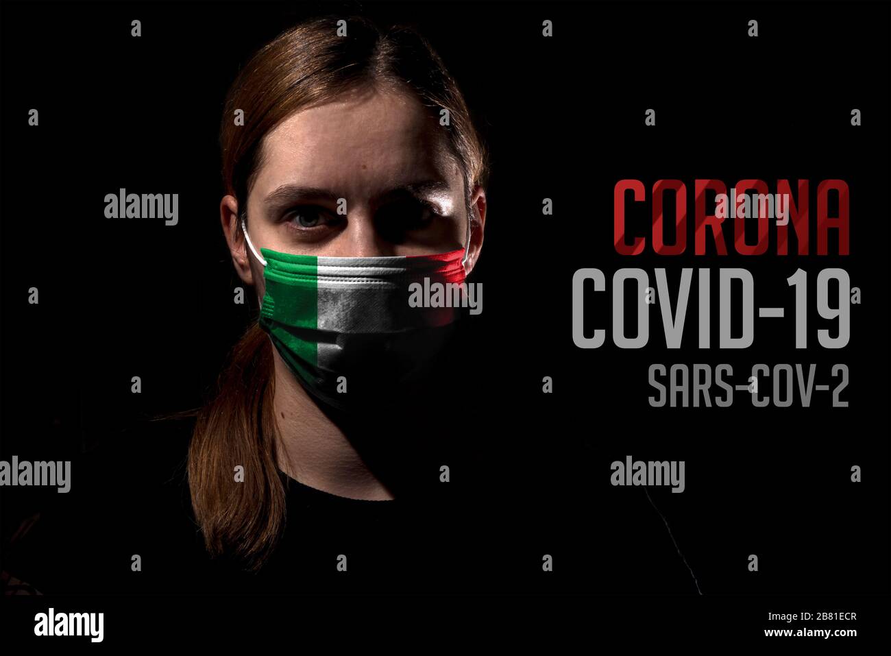 Woman wearing mask with Italy flag for protection of corona virus covid-19 SARS-CoV-2, woman with mask on black background Stock Photo