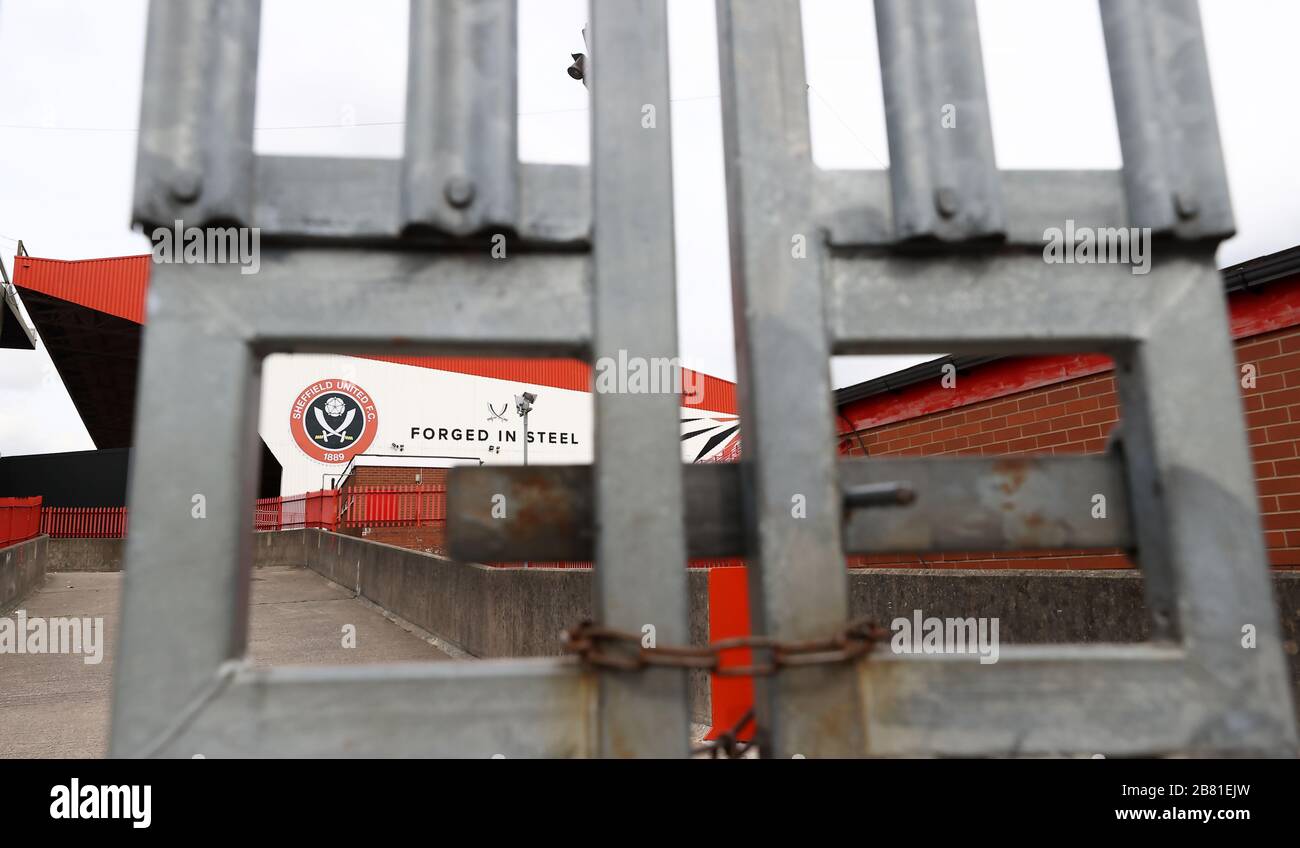 A general view of locked gates at Bramall Lane, home of Sheffield United. Premier League clubs will gather via conference call on Thursday morning to discuss fixtures and finances amid the coronavirus pandemic. Stock Photo