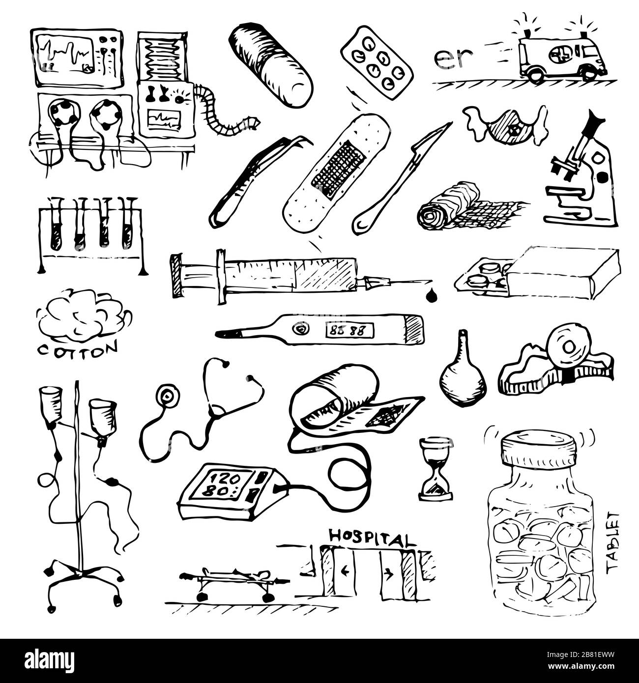 Medicine or hospital. Treatment of patients or taking samples of tests in people. Fighting the virus. Doodle. A set of hand-drawn images. Stock Vector