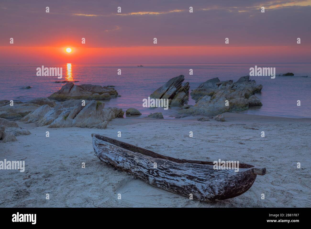Fishermans at work in sunset lights at Lake Malawi in Malawi Stock