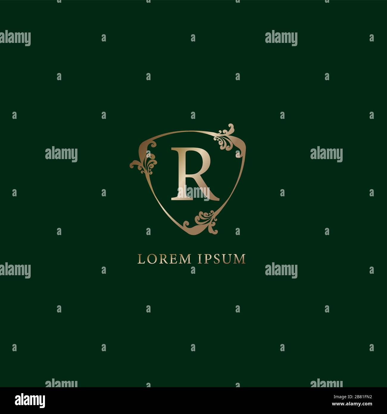 Letter R Alphabetic logo design template. Luxury gold decorative floral ...