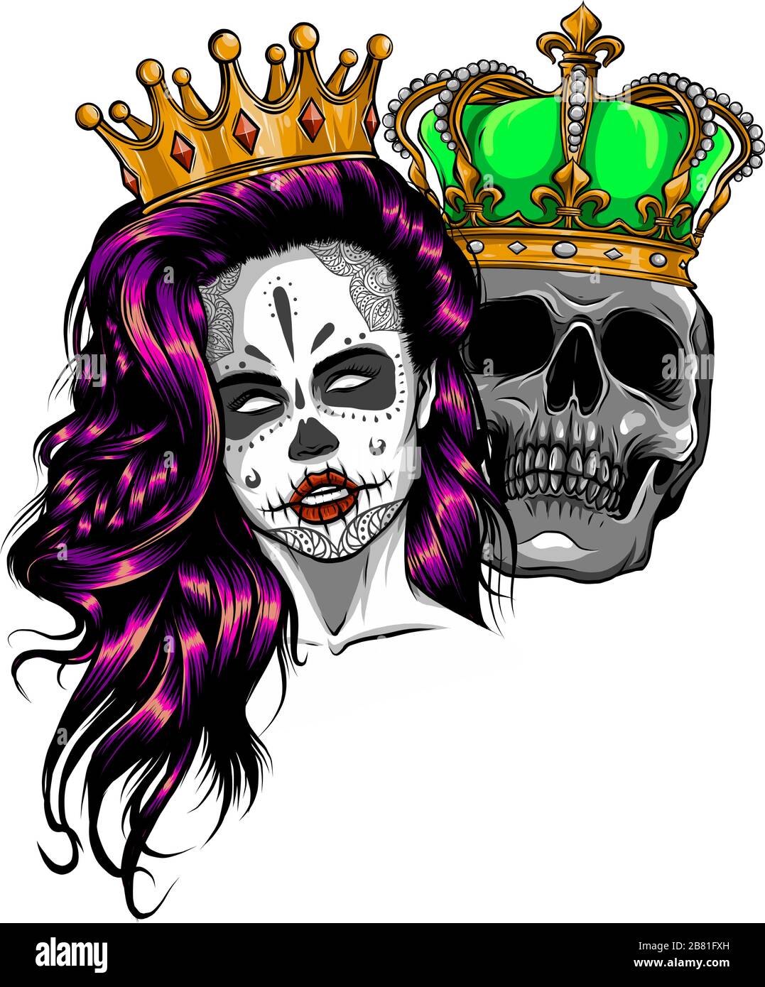 Skull King and Queen vector. Love skull couple. illustration Stock Vector