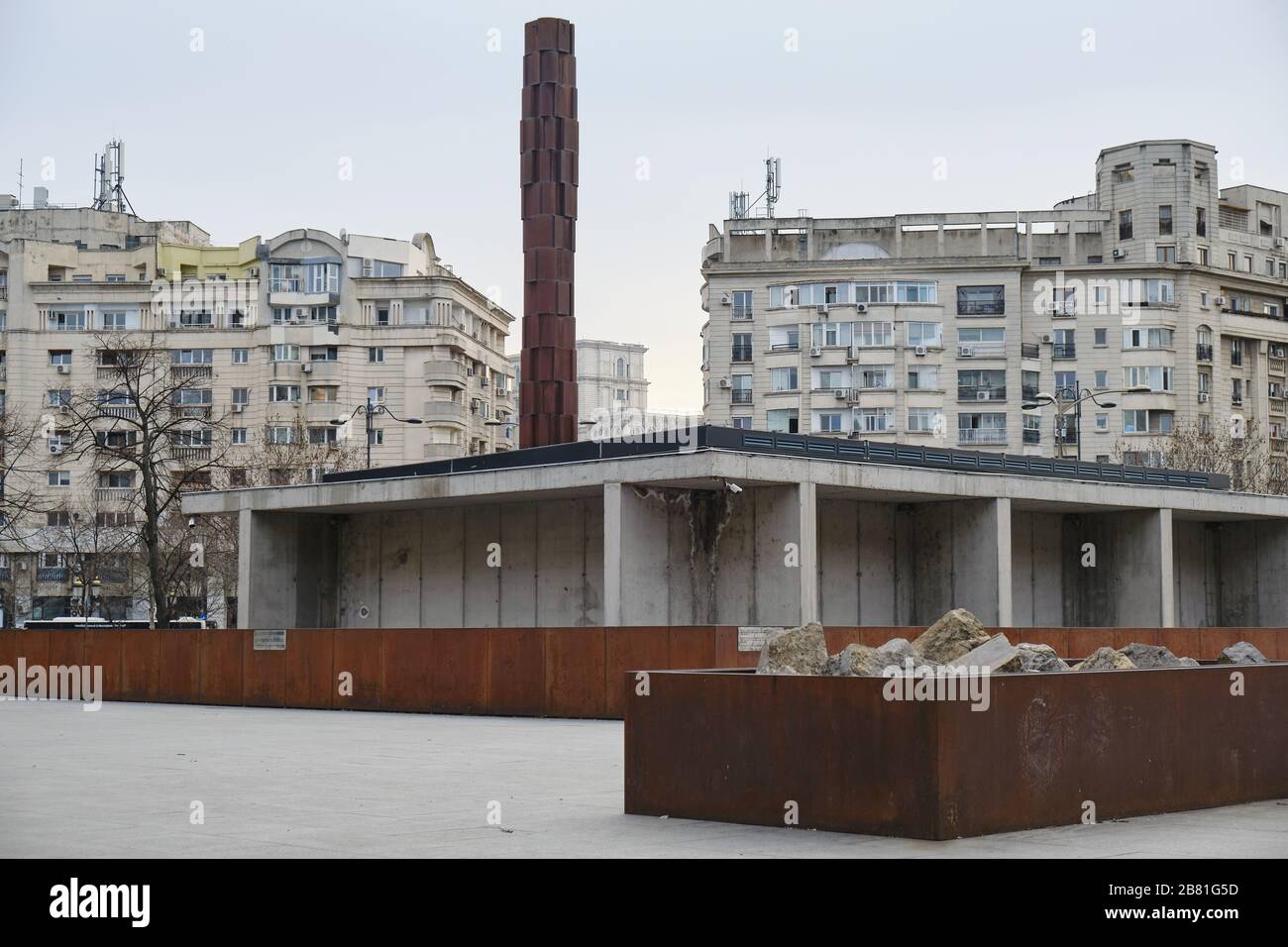Bucharest, Romania - March 4, 2020: Holocaust Memorial in Bucharest, against gray apartment buildings. Stock Photo