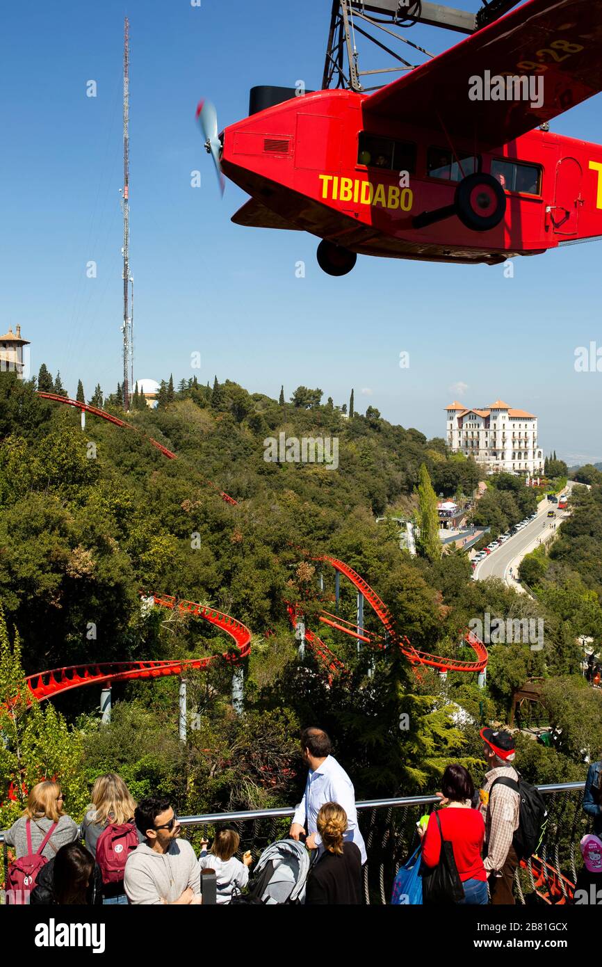 El Avió. Airplane carousel. A replica of the first aircraft to fly from Barcelona to Madrid in 1927, at the Tibidabo amusement park, Barcelona, Catalo Stock Photo