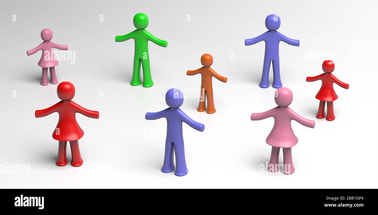 Social distancing, social isolation cocept, Children adults in distance, white background. Coronavirus spread prevention, people keep distance sign. 3 Stock Photo