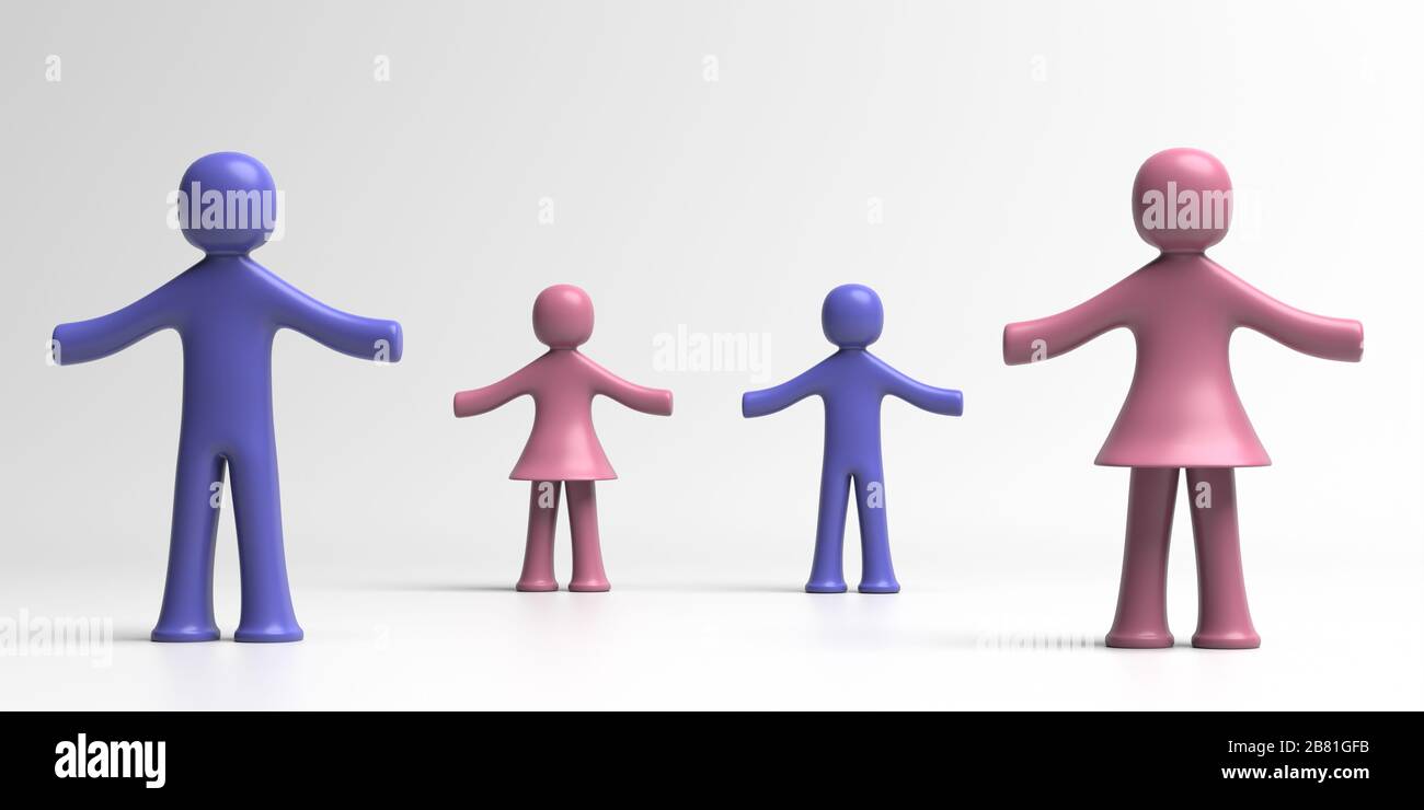 Social distancing, social isolation cocept, Family in distance, white background. Coronavirus spread prevention, people keep distance sign. 3d illustr Stock Photo