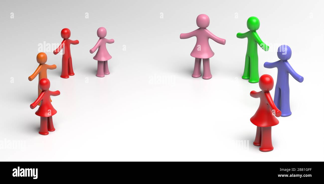 Social distancing, social isolation cocept, Children adults in distance, white background. Coronavirus spread prevention, people keep distance sign. 3 Stock Photo