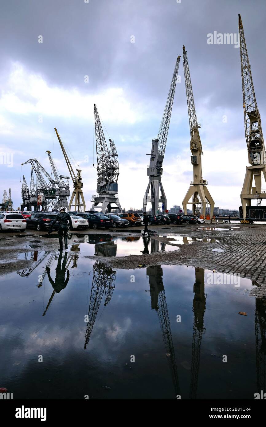 Old harbour cranes on the Scheldt are reflected in a large puddle on