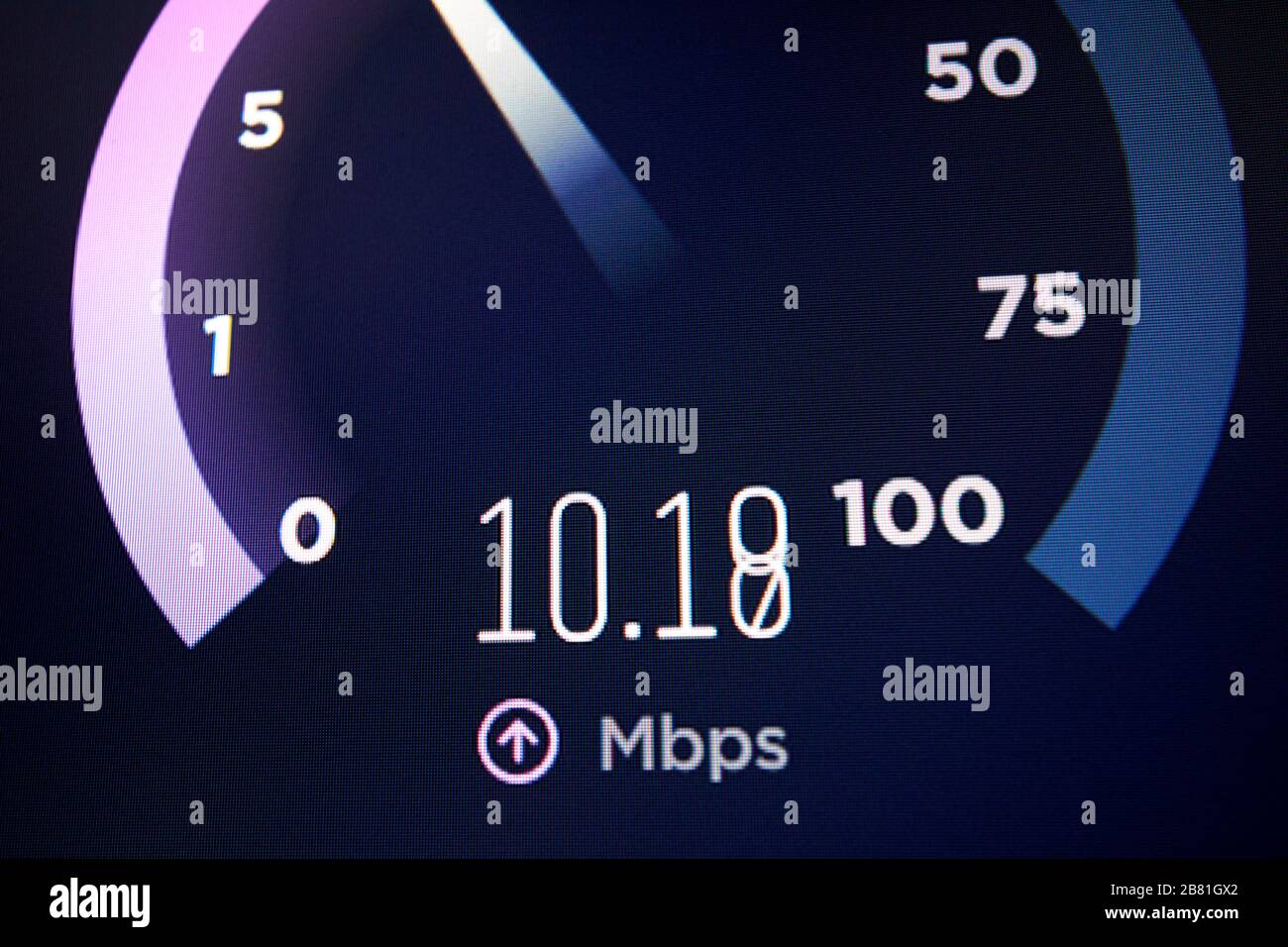 screen display of fast broadband upload  internet speed in excess of 10Mbps using speedtest online virgin media access Stock Photo