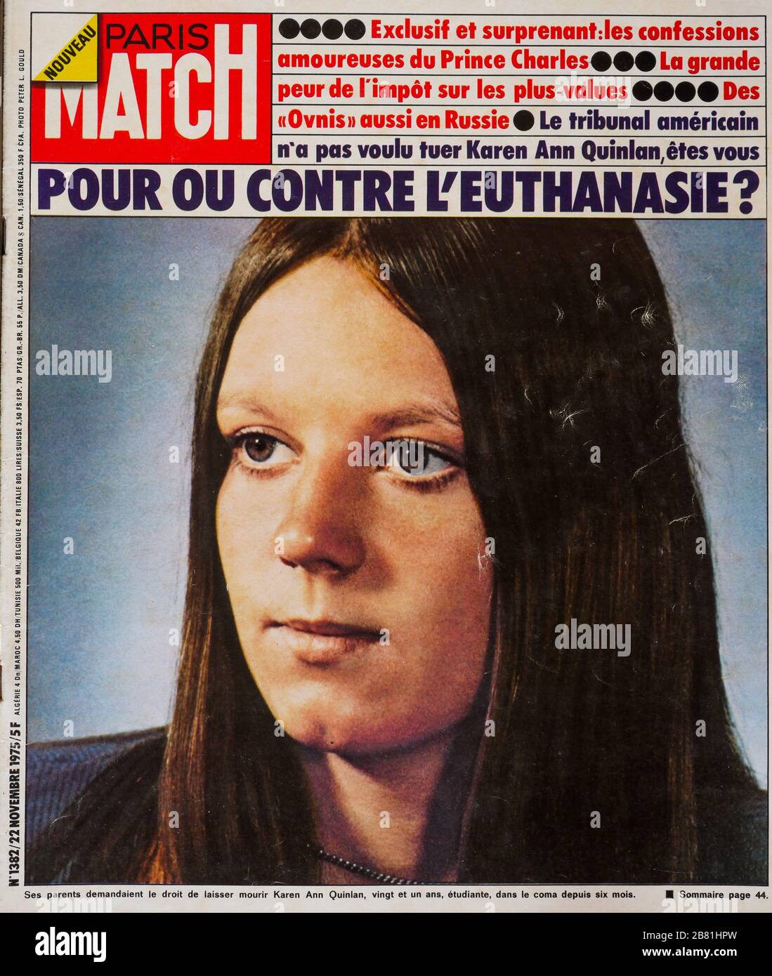 Frontpage of French news and people magazine Paris-Match, n° 1382, November 22th 1975, 'For or against Euthanasia?',1975, France Stock Photo