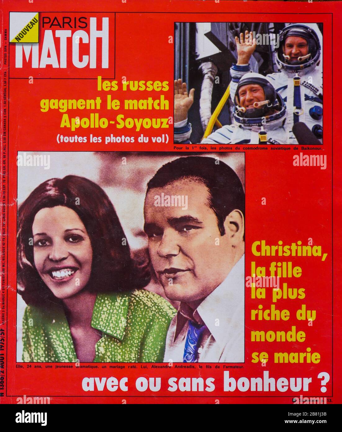 Frontpage of French news and people magazine Paris-Match, n° 1366, August 2th 1975, 'Russian win the Apollo-Soyouz match' and Christina Onassis, the richest girl in the world get married',1975, France Stock Photo