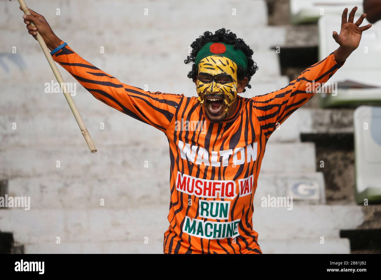 Tiger fan celebrates during the 2nd ODI match between Bangladesh and Zimbabwe at Sylhet International Cricket Stadium, Sylhet, Bangladesh Stock Photo