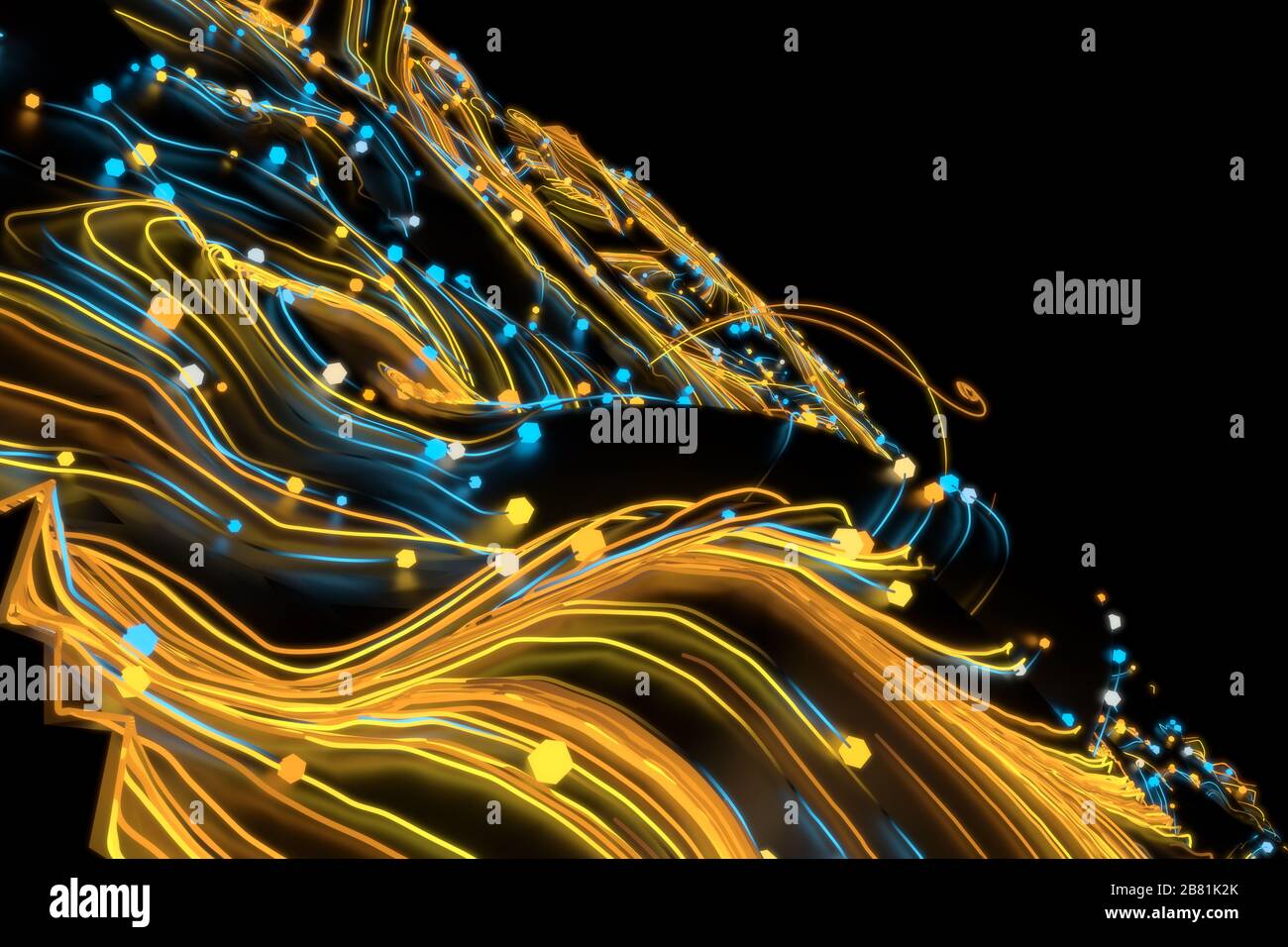 Neon glowing twisted cosmic lines on the glossy surface. Turbulence