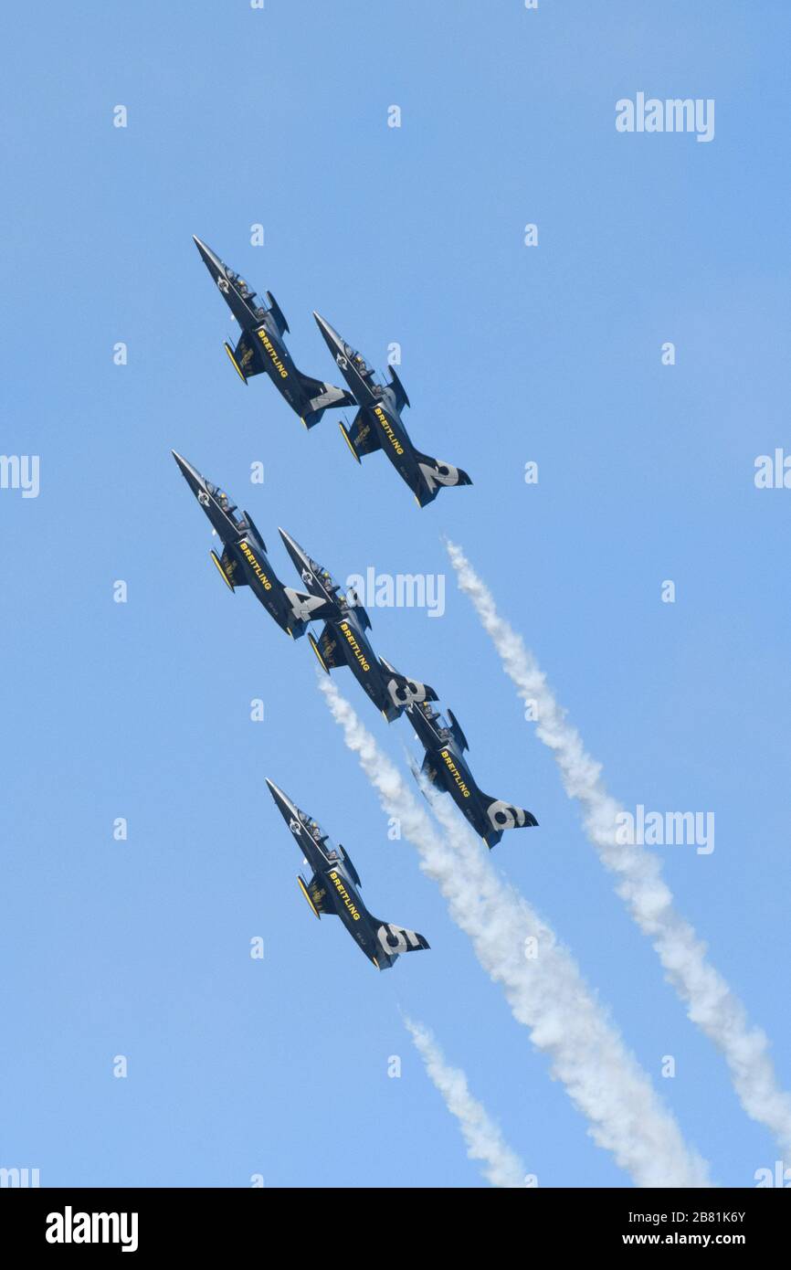 The Royal International Air Tattoo, RAF Fairford, Gloucestershire, UK.  20 July 2019. The Breitling Jet Team performs on Saturday, on the 2nd day of t Stock Photo