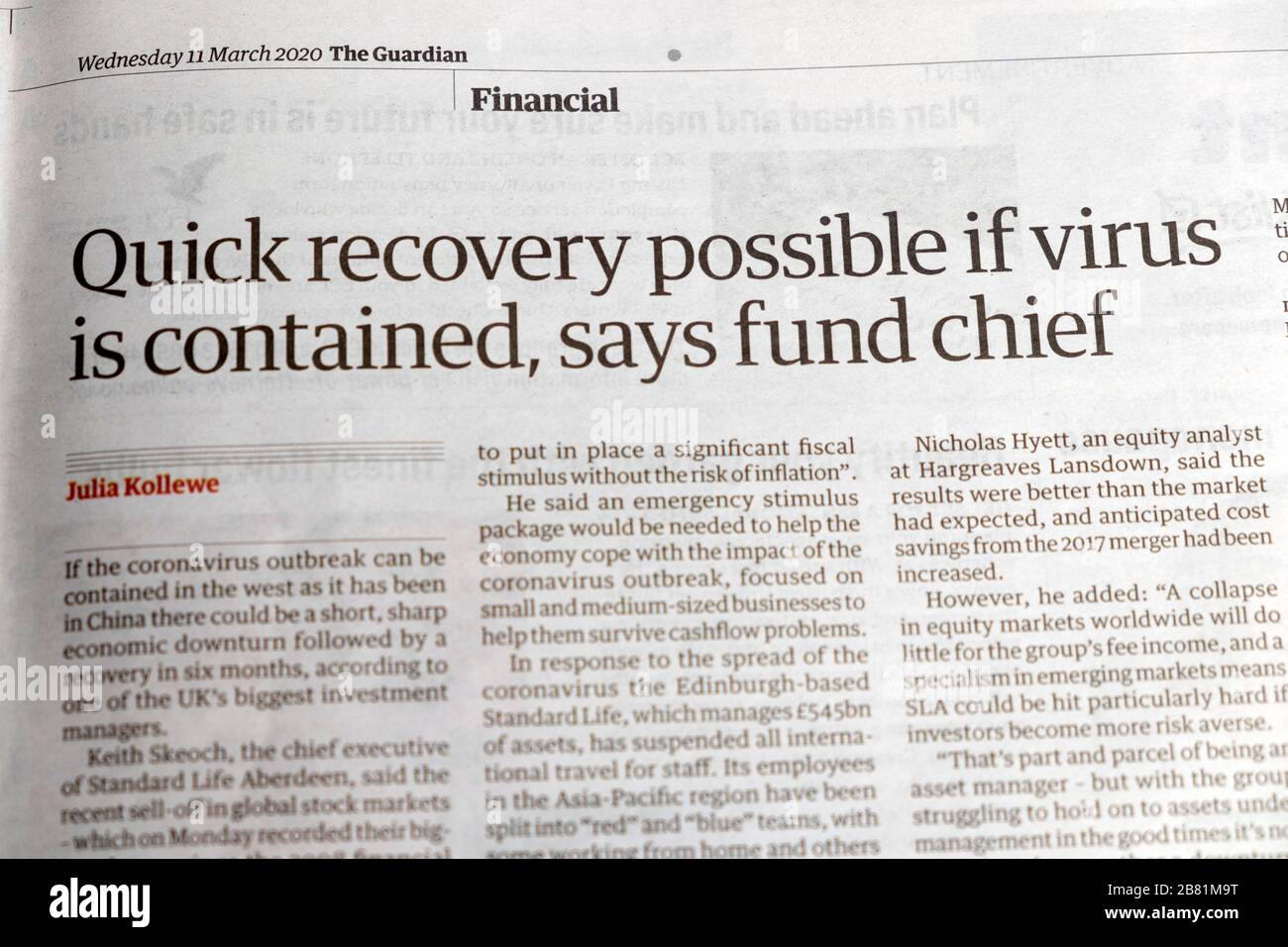 Quick Recovery Possible If Virus Is Contained Says Fund Chief 11 March Financial Section Covid 19 Article Inside Guardian Newspaper London Uk Stock Photo Alamy