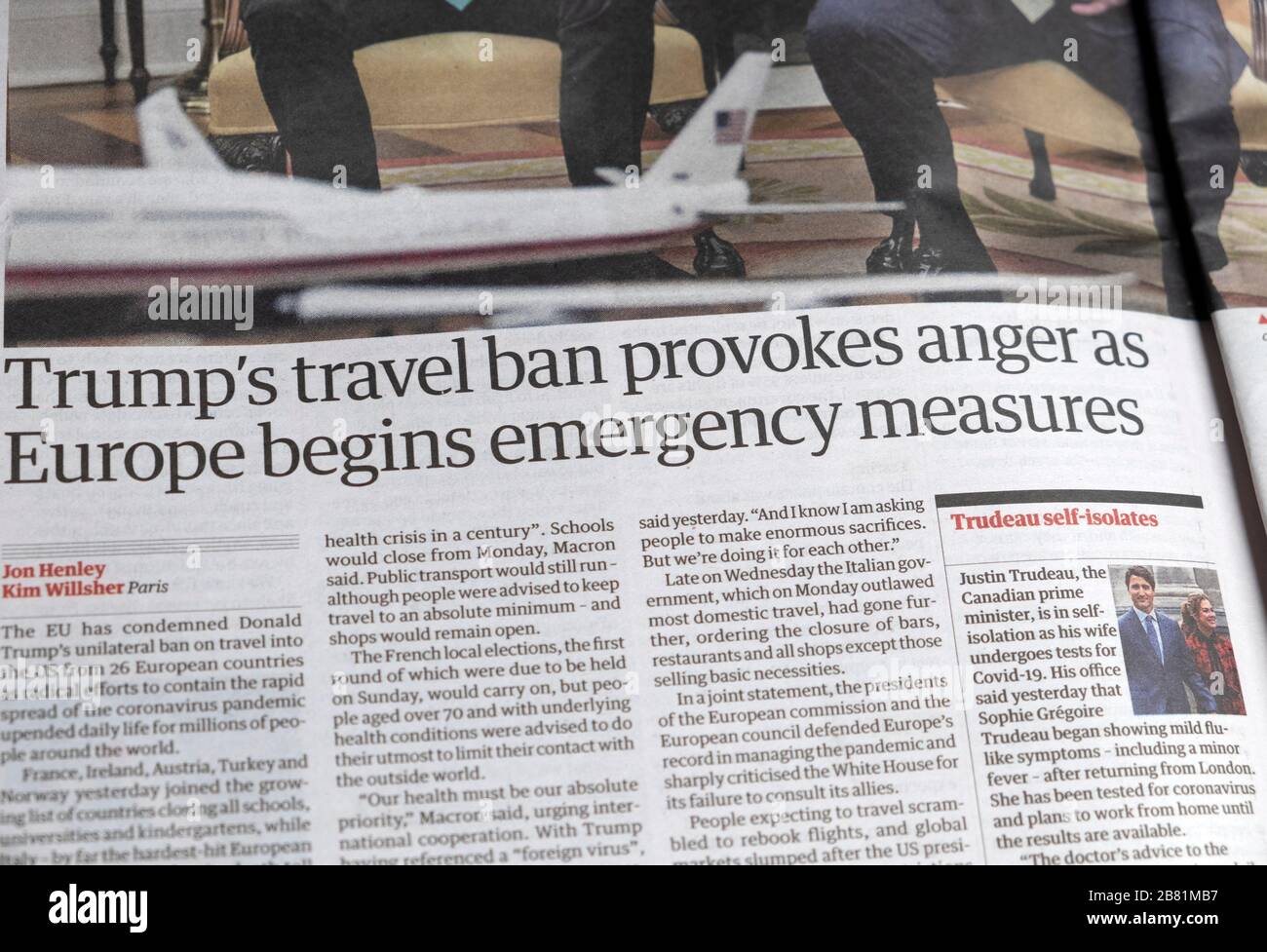 'Trump's travel ban provokes anger as Europe begins emergency measures' Coronavirus pandemic newspaper headline in Guardian on 13 March 2020 London UK Stock Photo