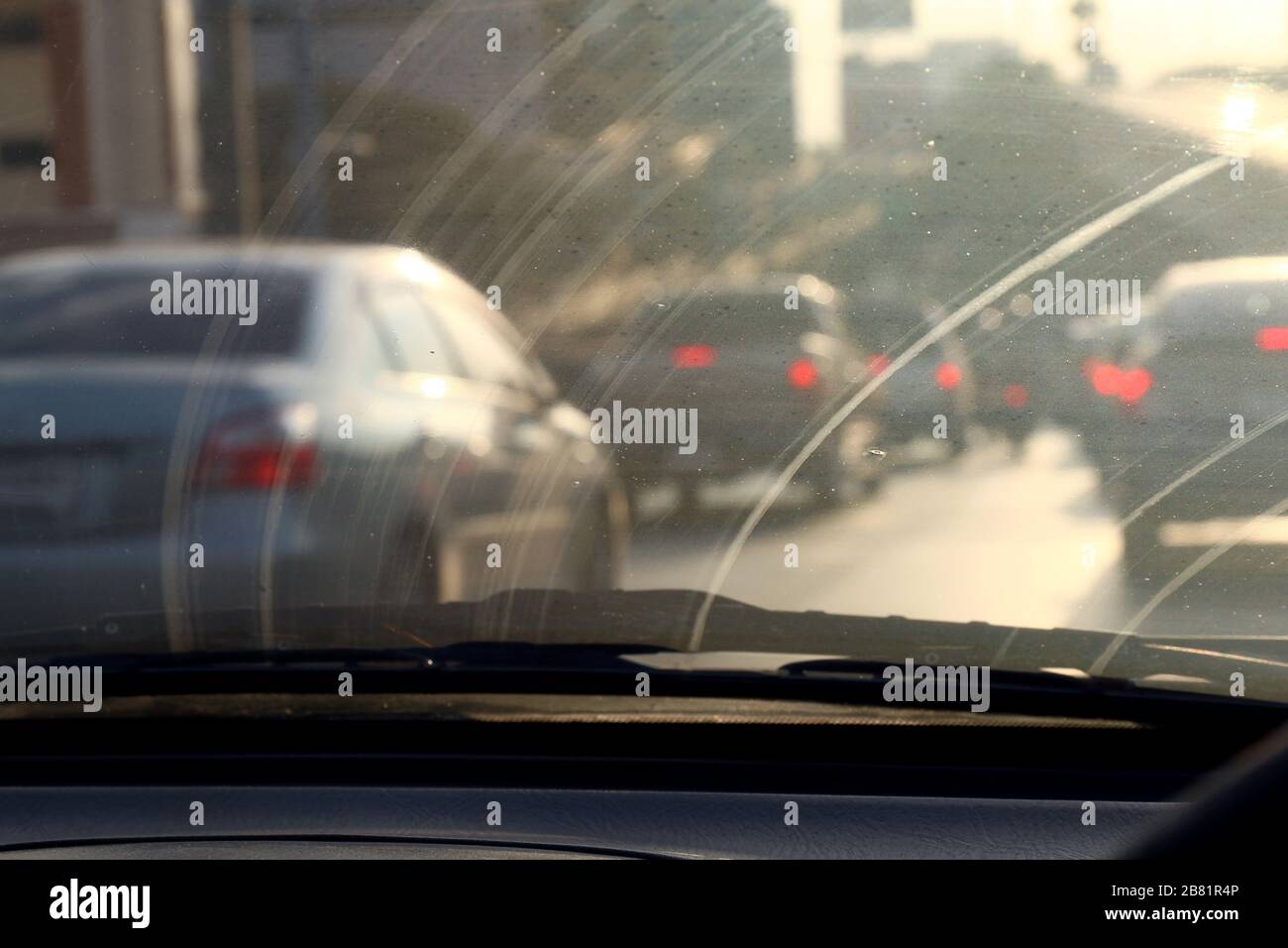 Dirty Windshield, Pollution Auto Glass dirty with interior view in car Stock Photo