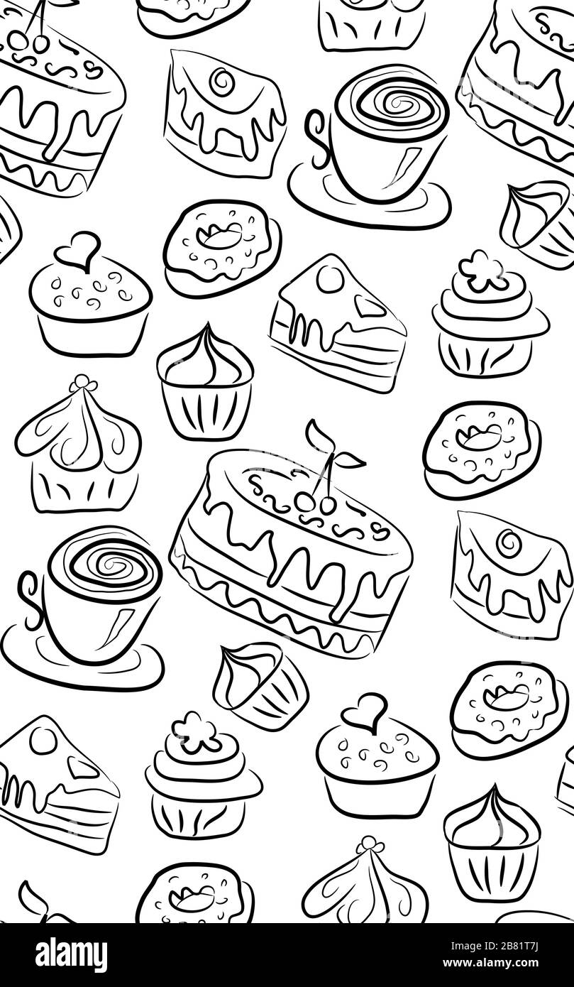 Sweet doodle pattern with cupcakes, cakes, candies and cones. hand drawn seamless pattern. Stock Vector