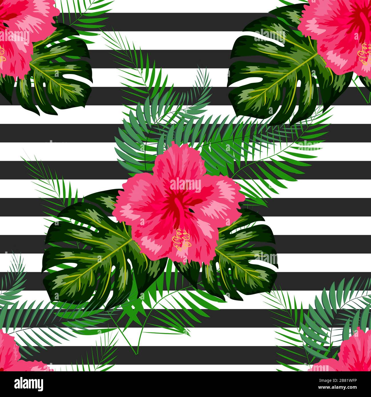 tropical illustration monstera plants leaves flowers hibiscus seamless ...