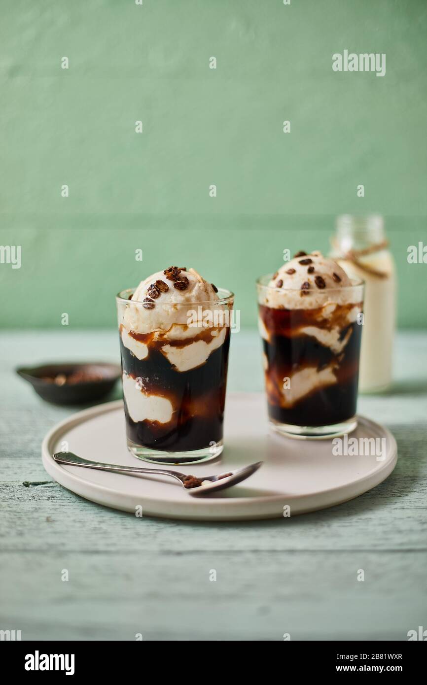 Iced coffee with vanilla ice cream called affogato in Italy Stock Photo