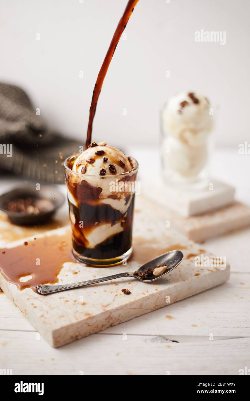 Iced coffee with vanilla ice cream called affogato in Italy Stock Photo