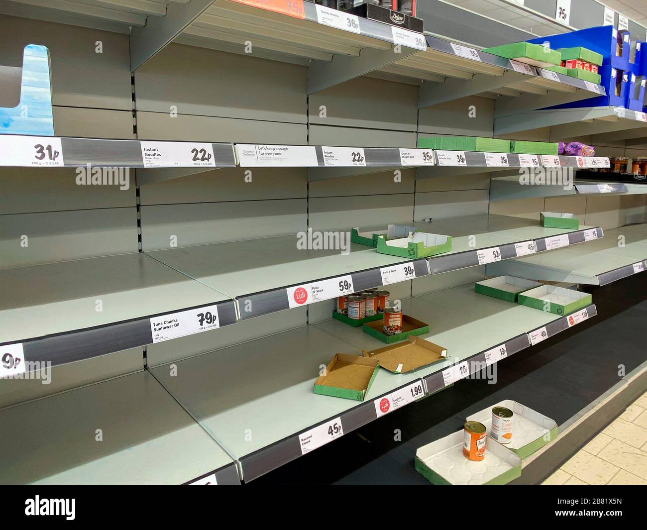 York. England. 03.19.20. Empty supermarket shelves following panic buying during the Coronavirus pandemic. Stock Photo
