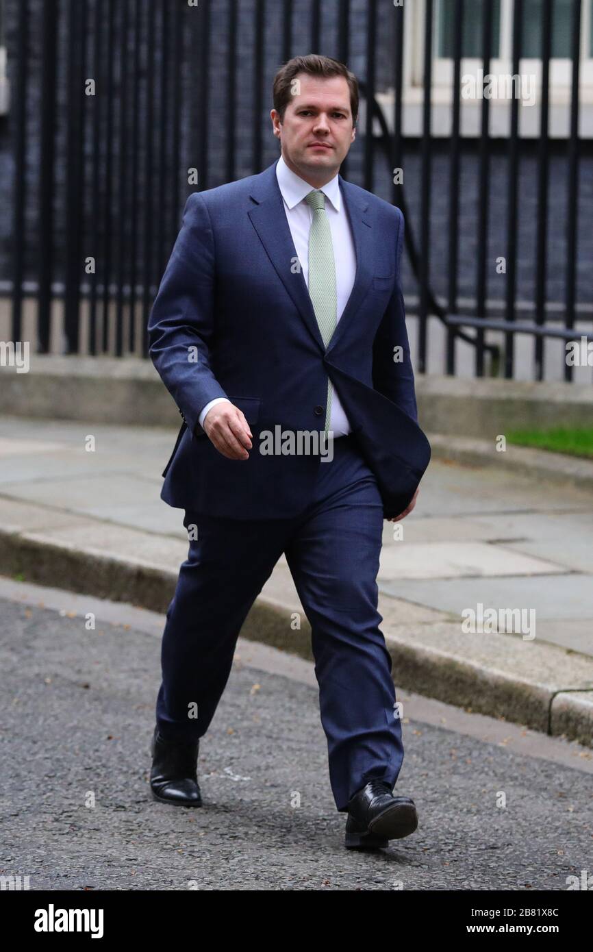 Housing, Communities and Local Government Secretary, Robert Jenrick leaves 10 Downing Street, London, as the government is expected to publish an emergency coronavirus powers Bill. Stock Photo