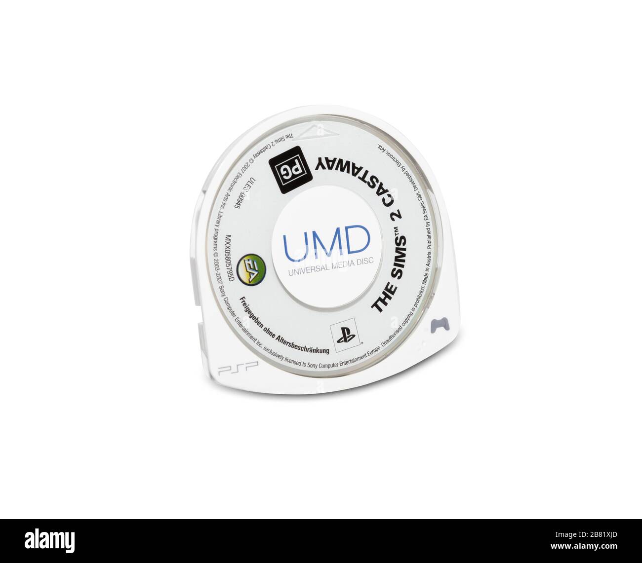 Italy - march 14, 2020: Sony UMD disk for Playstation Portable born in the early 2000s on white Stock Photo