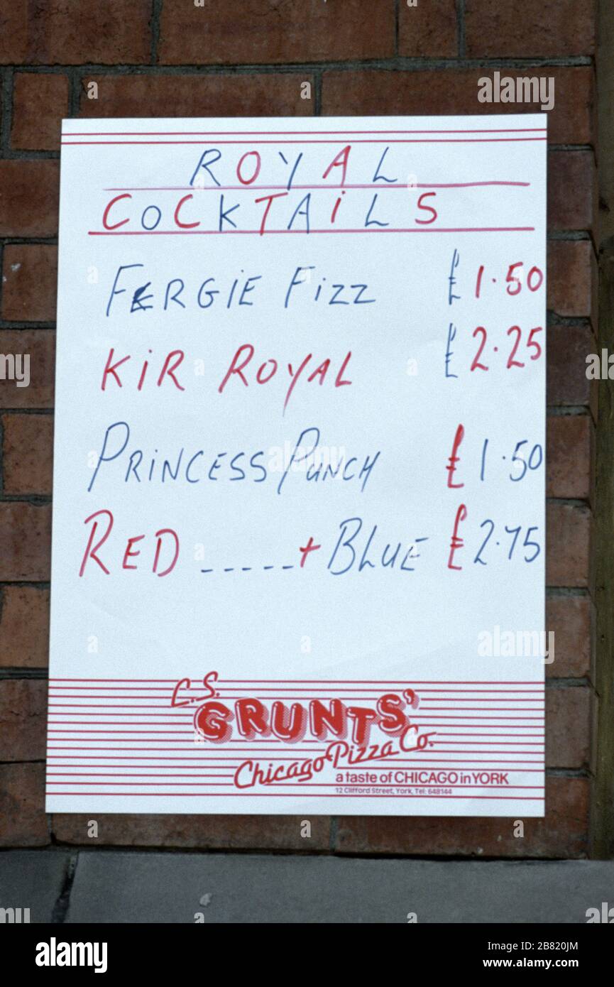 C.S. Grunts Chicago Pizza Company fun menu poster on display in a York restaurant during a Royal visit by Duke and Duchess of York, Inverness, Scotlan Stock Photo