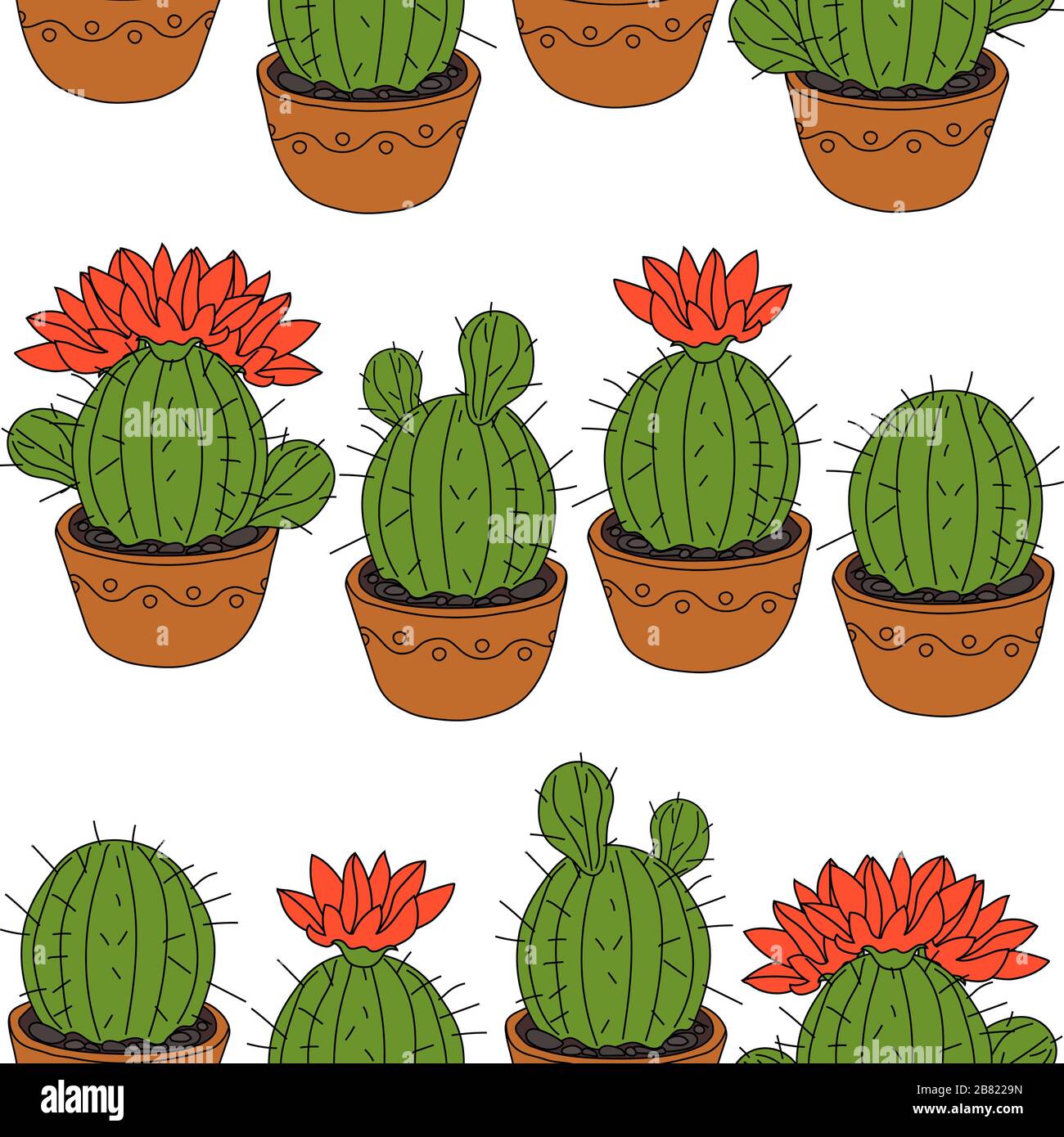 Seamless pattern with cactus and succulents in the pots. Hand drawn ...