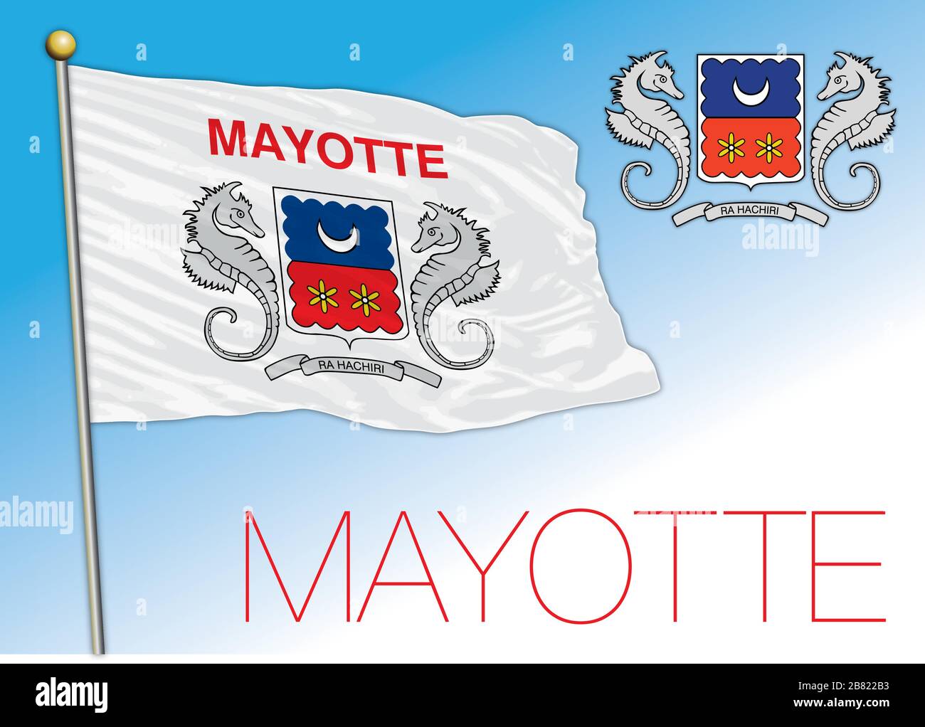 Mayotte official national flag and coat of arms, French territory, Africa, vector illustration Stock Vector