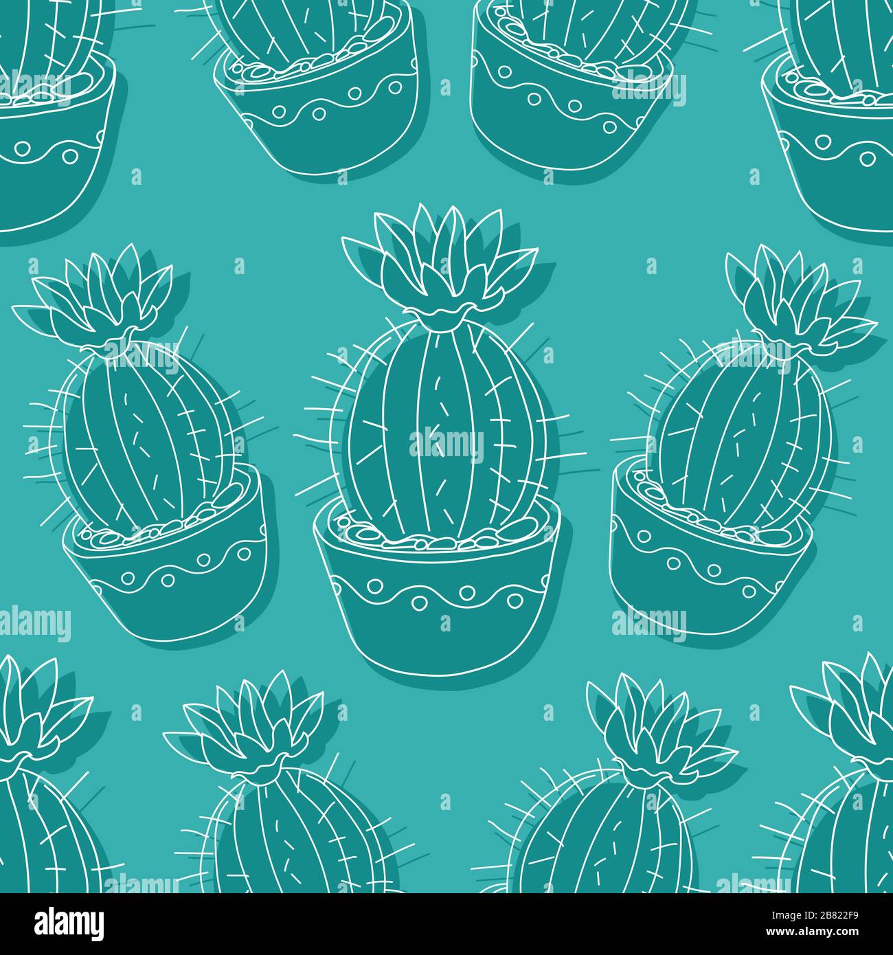 Seamless pattern with cactus and succulents in the pots. Hand drawn ...