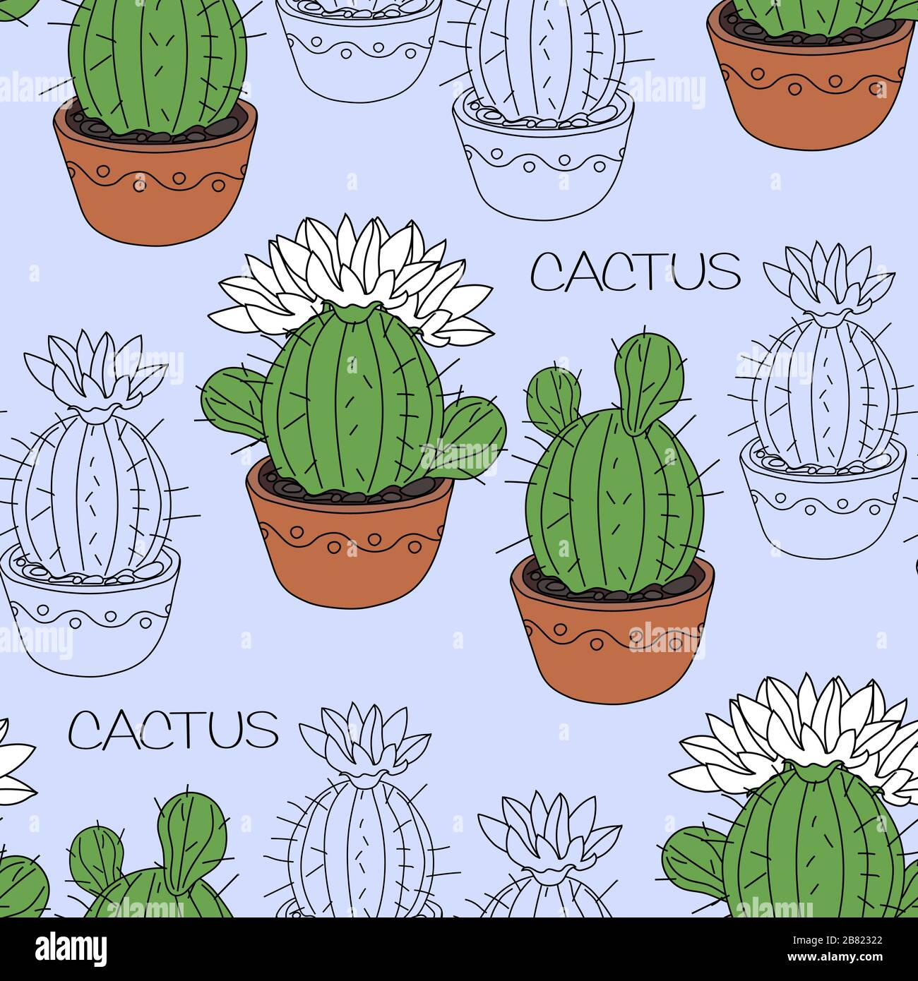 Seamless pattern with cactus and succulents in the pots. Hand drawn ...