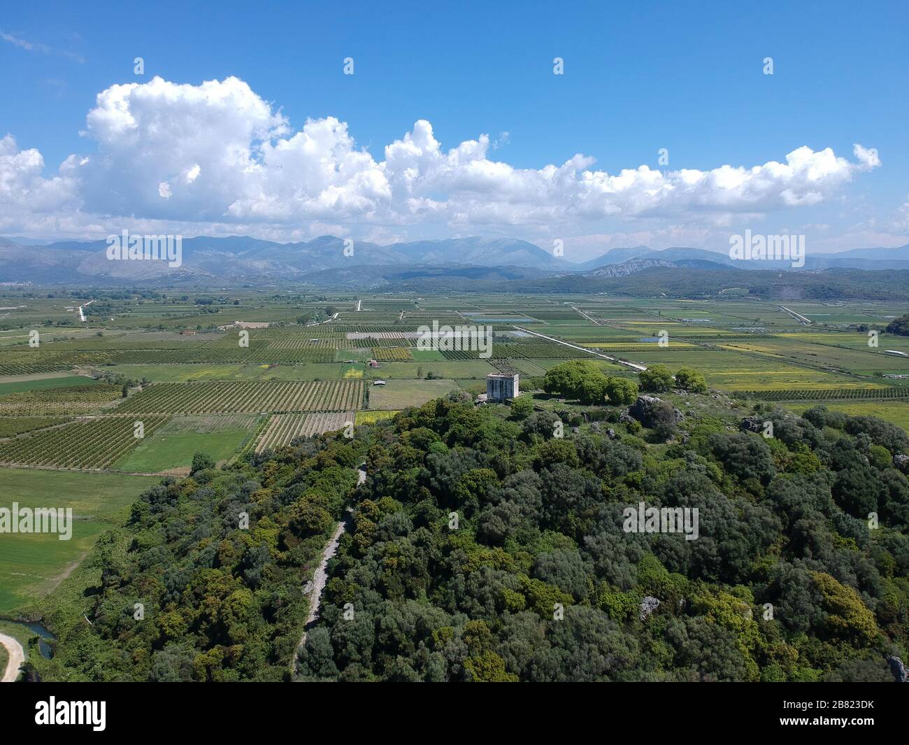 Archaeological site of Ragio Castle fortress Tower in igoumenitsa in the middle of the plain of Kestrini near old estuary of river Kalamas settlement Stock Photo
