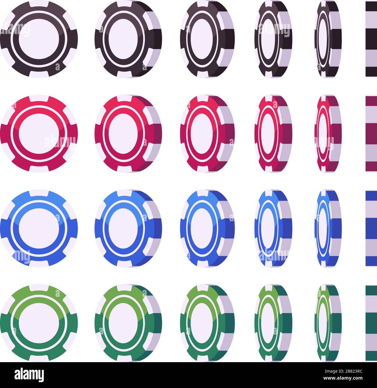 Set of blank poker chips at different angles. Casino flat illustration