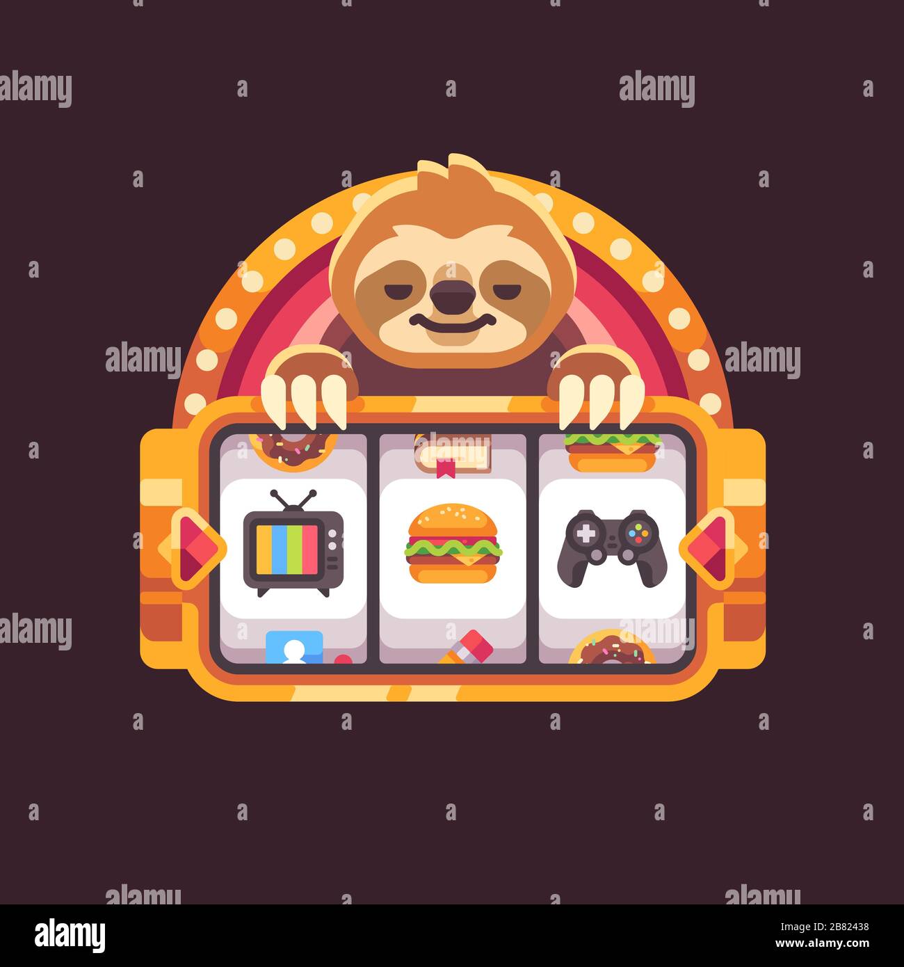 Cute sloth with a slot machine. Funny illustration about procrastination Stock Vector