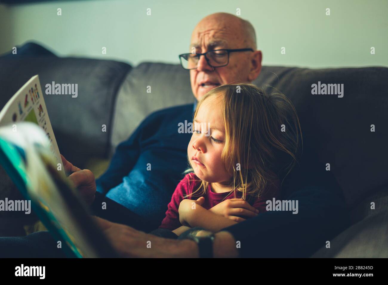A grandfather is reading to his preschooler grandchild on the sofa at home Stock Photo