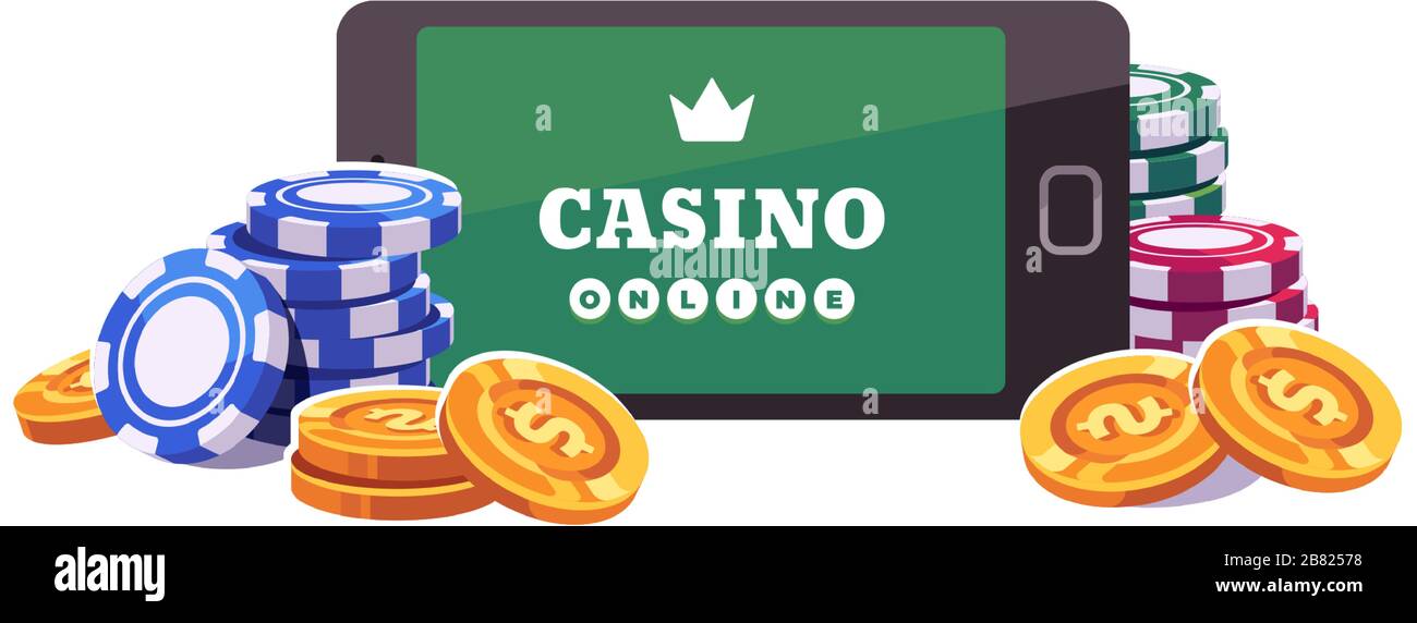 Smartphone with poker chips and coins. Online slot game flat illustration Stock Vector