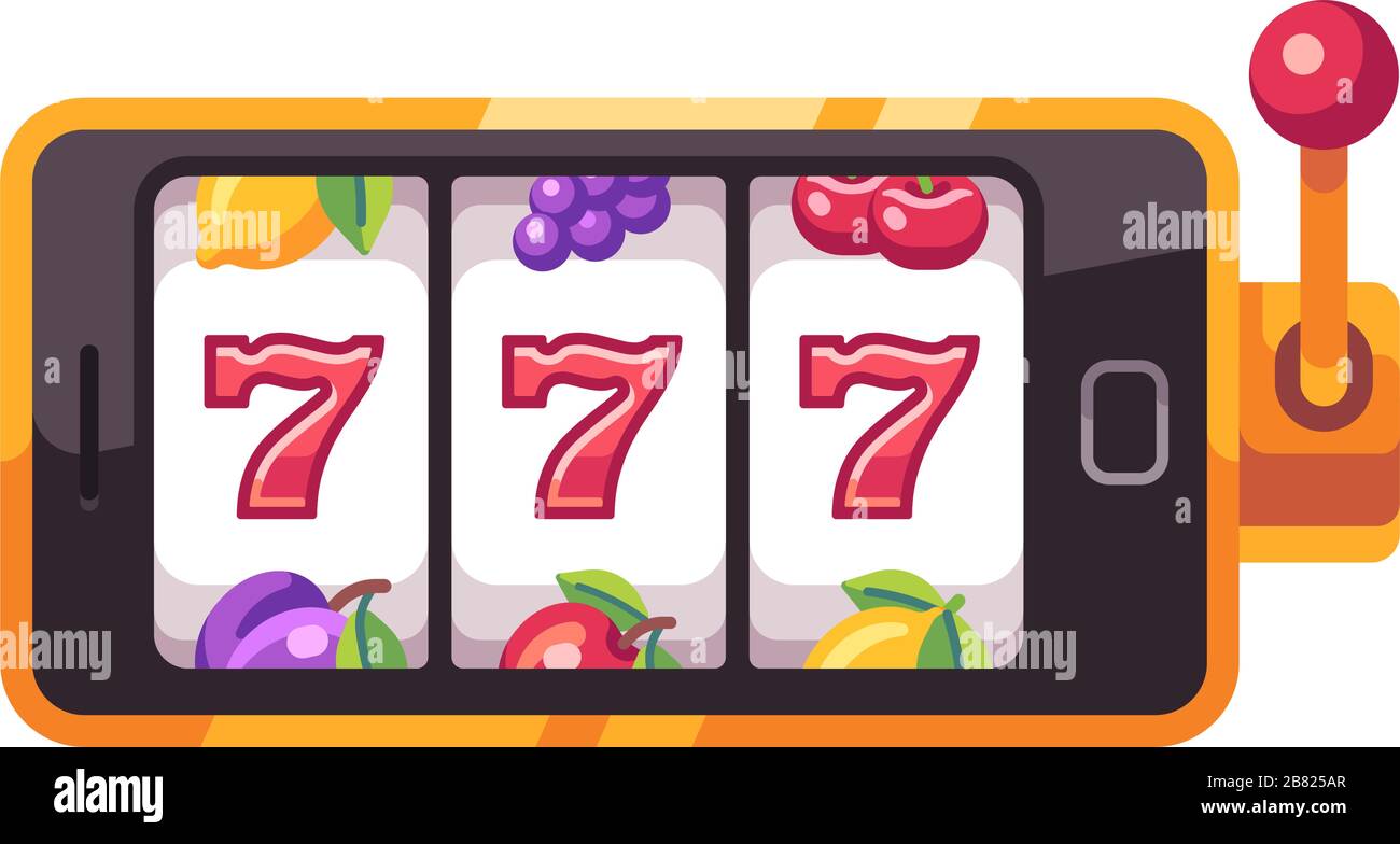Golden smartphone with a slot machine on screen. Online slot game flat illustration Stock Vector