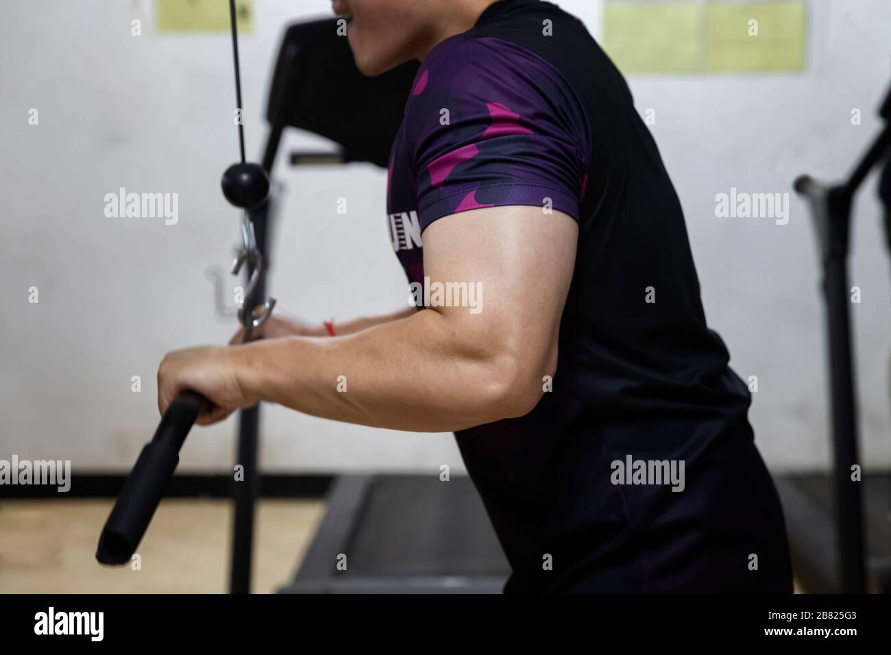 A man workout with Cable Triceps Pushdown in gym. Stock Photo
