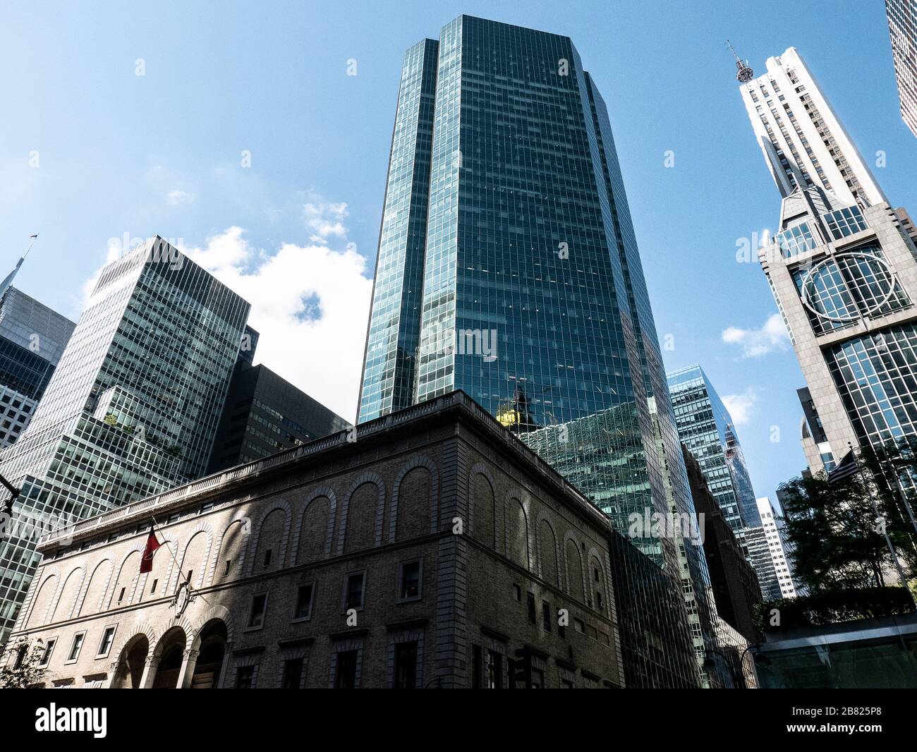 Skyscrapers and office buildings, low angle view, Manhattan, New York City Stock Photo